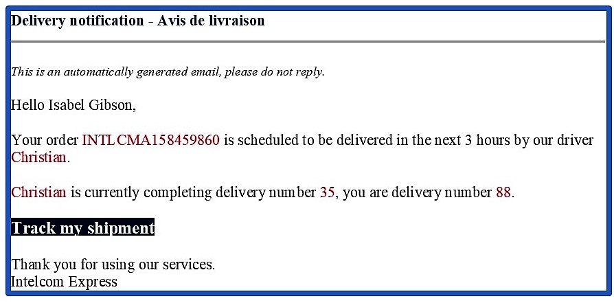 Delivery notification email from delivery subcontractor