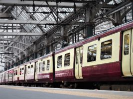 Platform-level view of a train in Glasgow Central Station