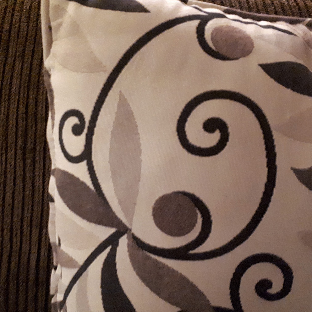 Face formed by curlicues on cushion