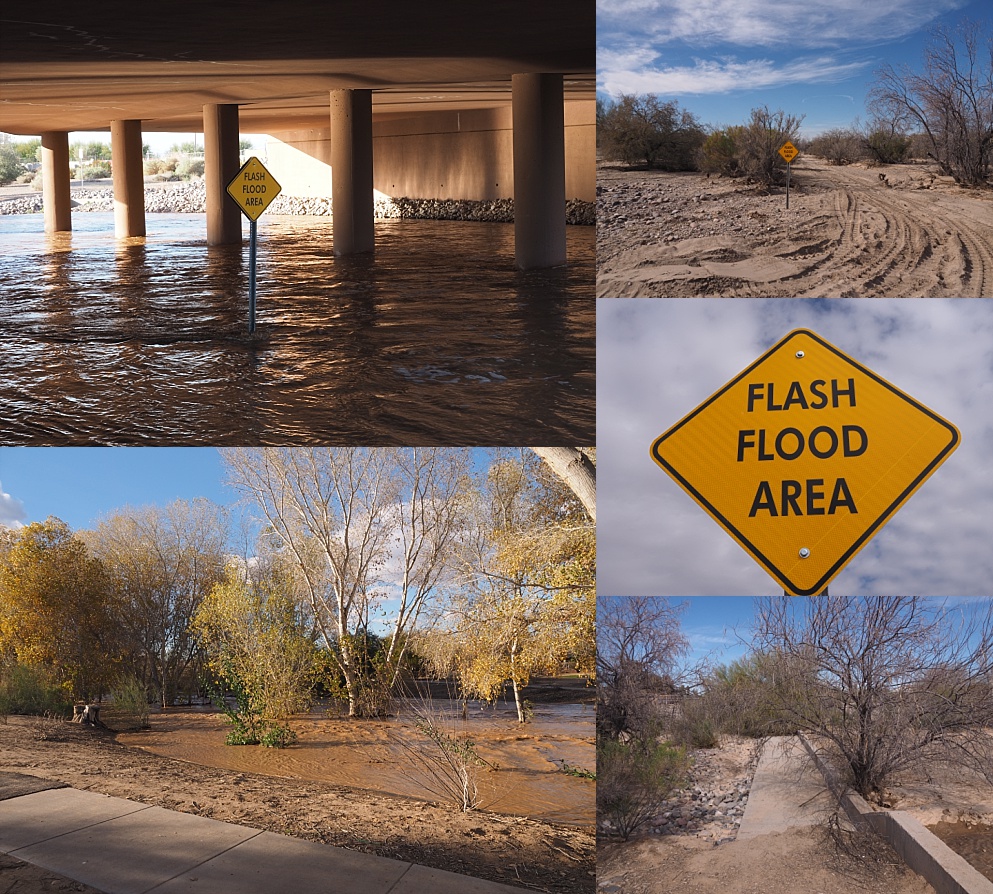 5-photo collage of dry and flooded desert wash