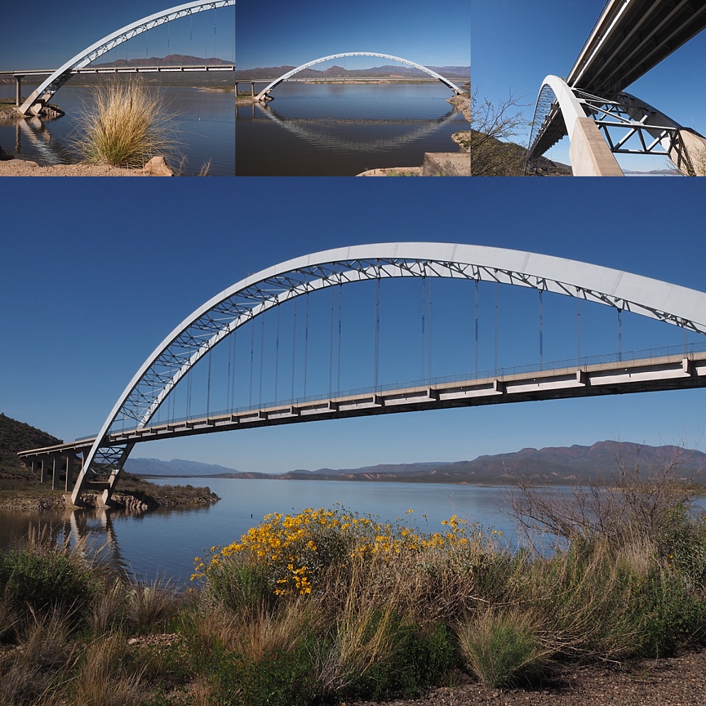 4-photo collage of Roosevelt Lake Bridge