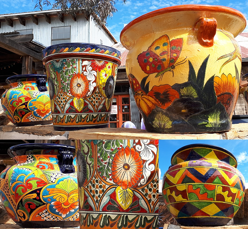 3-photo collage of Mexican flowerpots