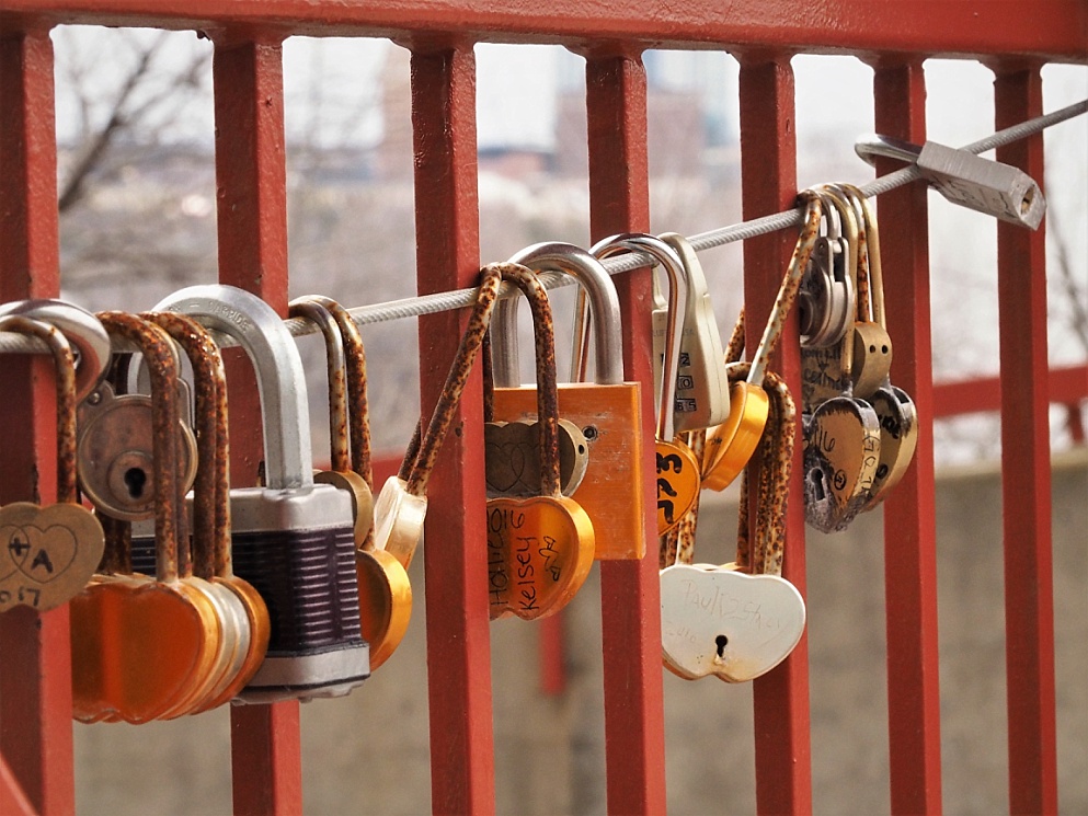 Love locks on a pedestrian overpass