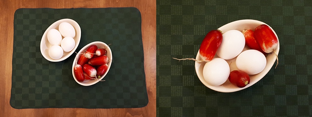 2-photo collage of breakfast radishes and eggs
