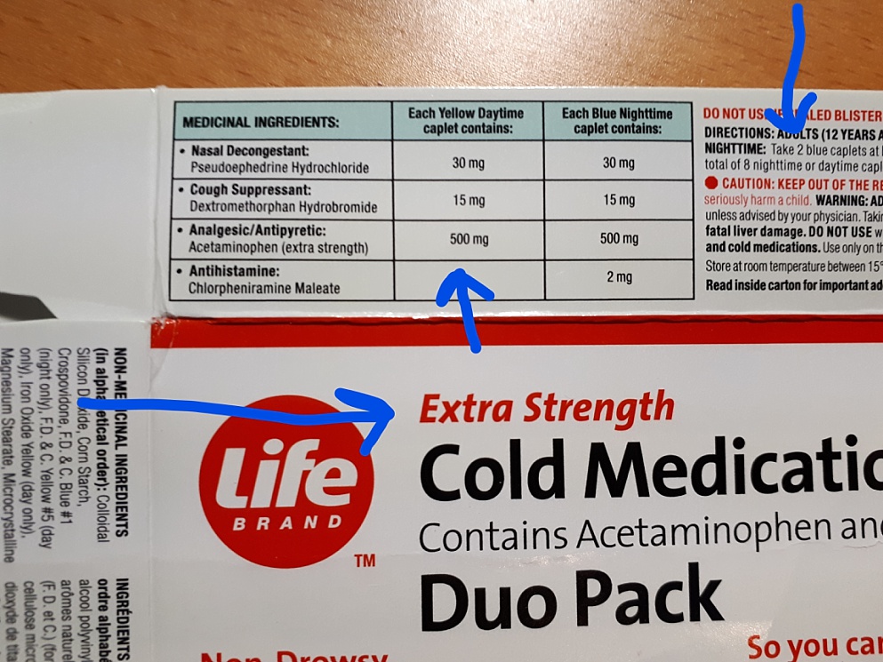 Cold remedy label showing extra strength the same as regular