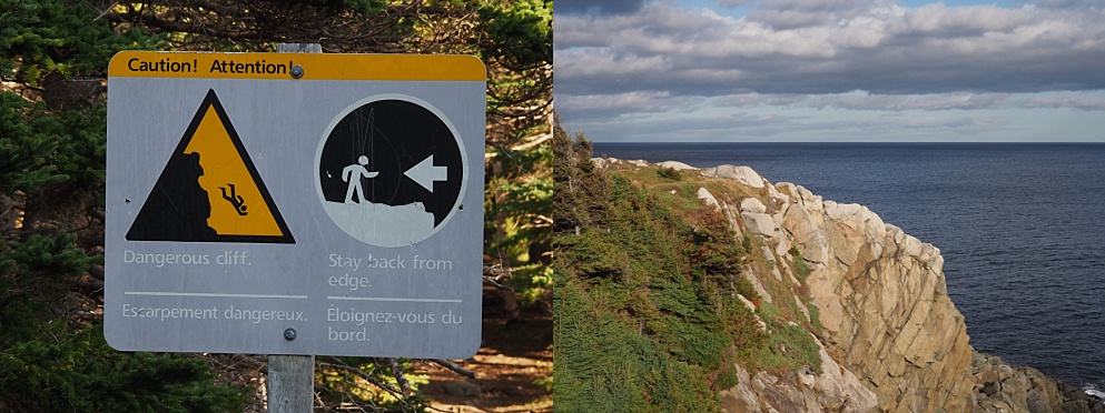 2-photo collage of warning sign and cliff edge