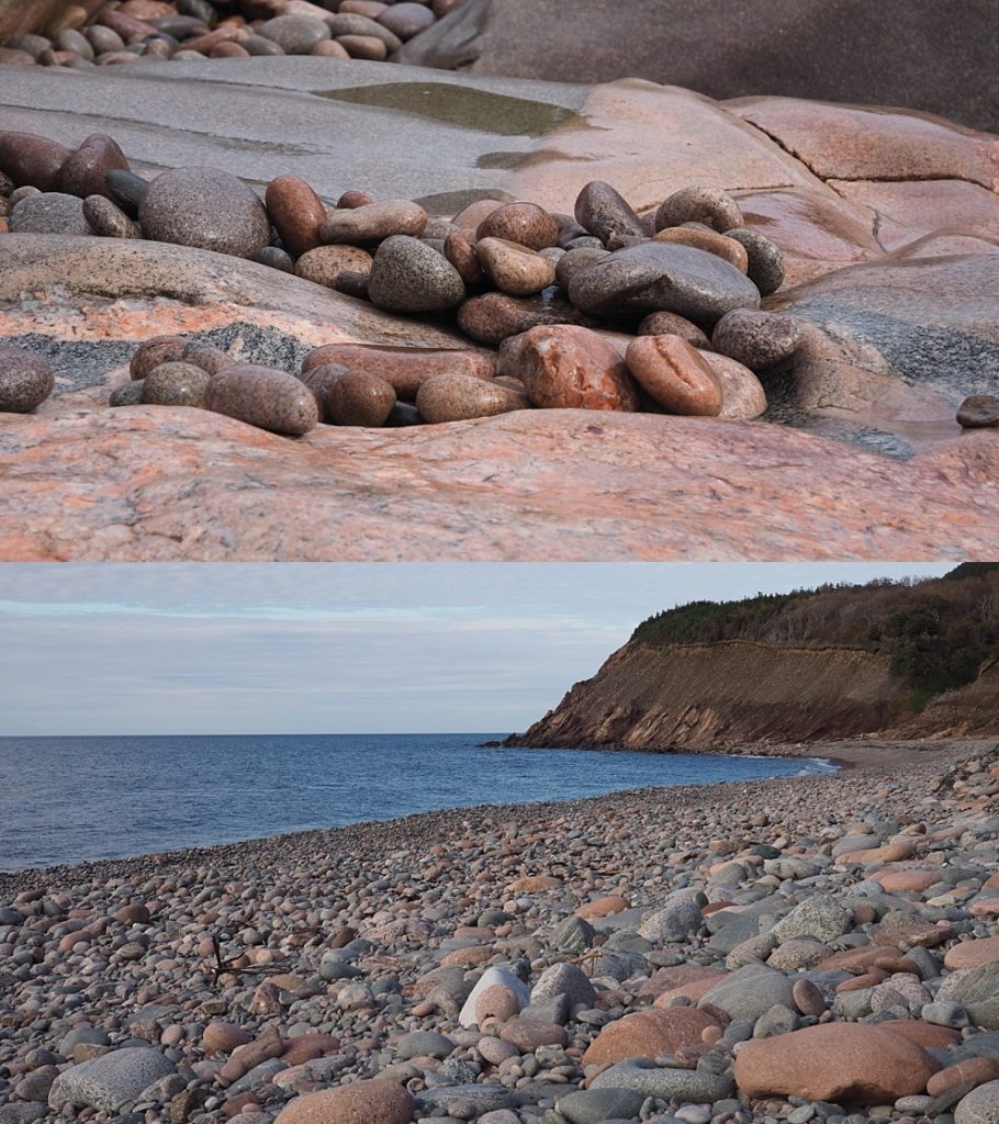 2-photo collage of rocky beaches: close-up and far vista