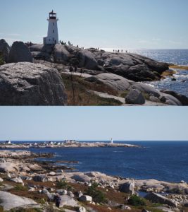 2-photo collage of Peggy's Cove Lighthouse, showing the crowds