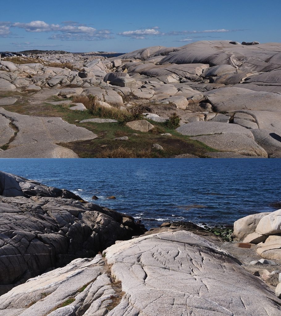 2-photo collage of rocky shoreline at Peggy's Cove