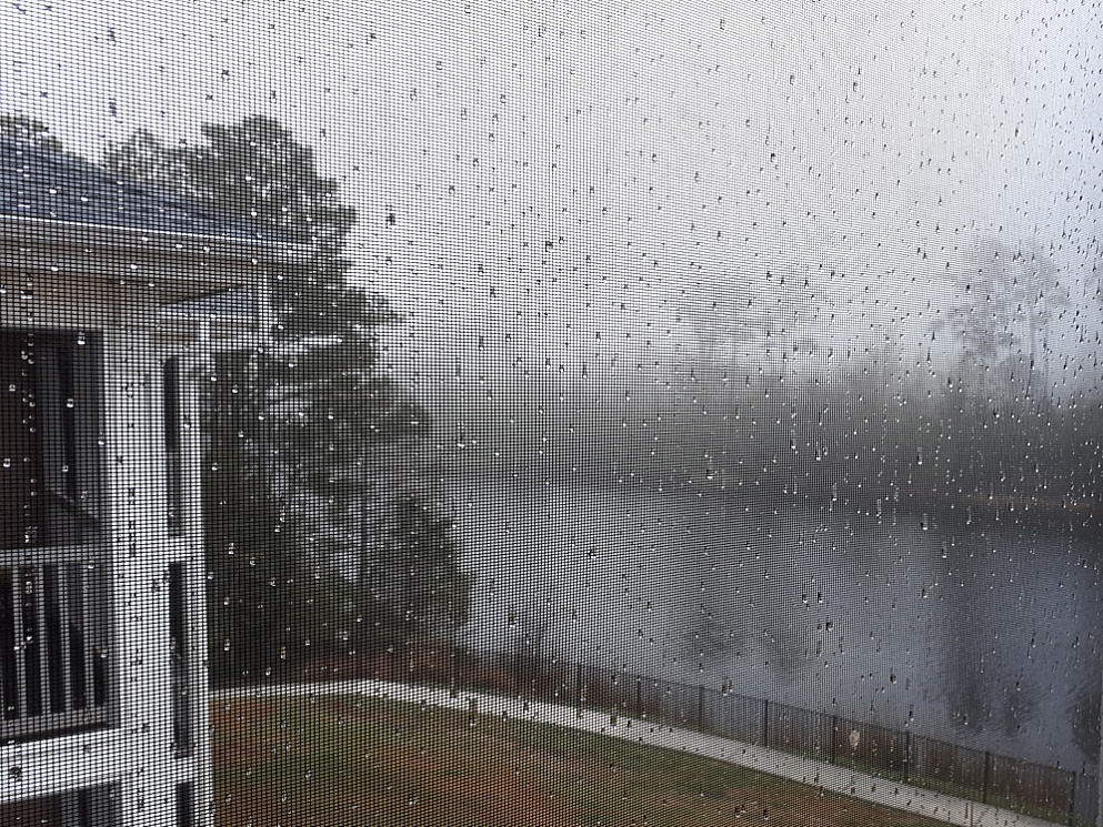 View of foggy conditions from 3rd-floor balcony