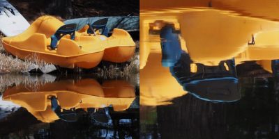 2-photo collage of paddleb-oat reflection and surprise face