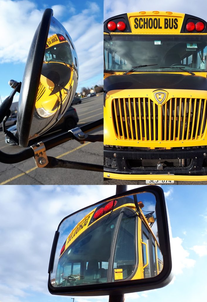 3-photo collage of schoolbus and its reflection in its own mirrors
