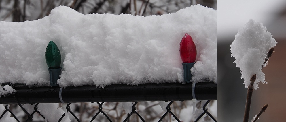 2-photo collage of snow on horizontal and vertical surfaces