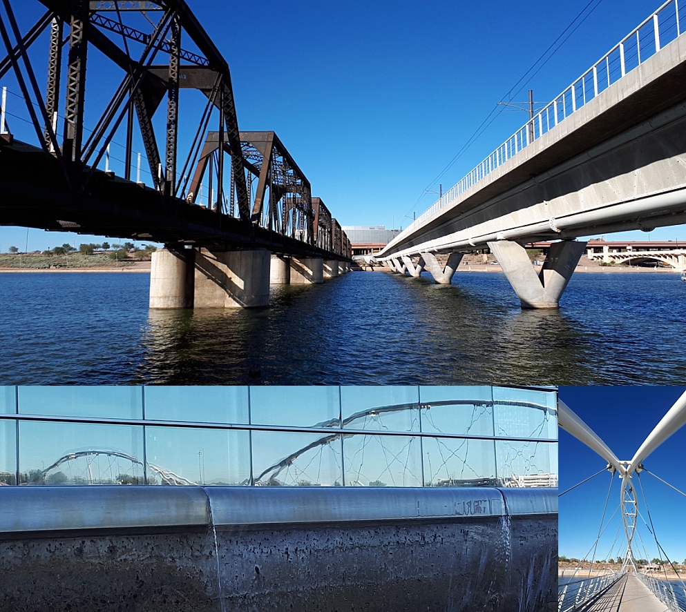 Collage of bridges: pedestrian, heavy rail, and light rail